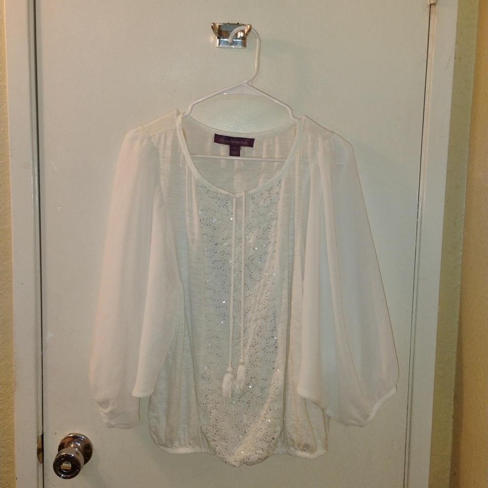 Gloria Vanderbilt White Sequin Peasant Blouse with Tassel Tie